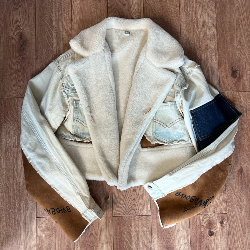 Denim patch reworked sherpa cropped jacket